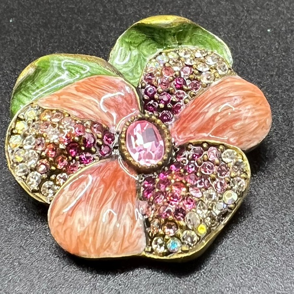 Jay Strongwater signed Floral Brooch or Pendant Pink, Green, AB Accent Crystals! - Picture 3 of 6